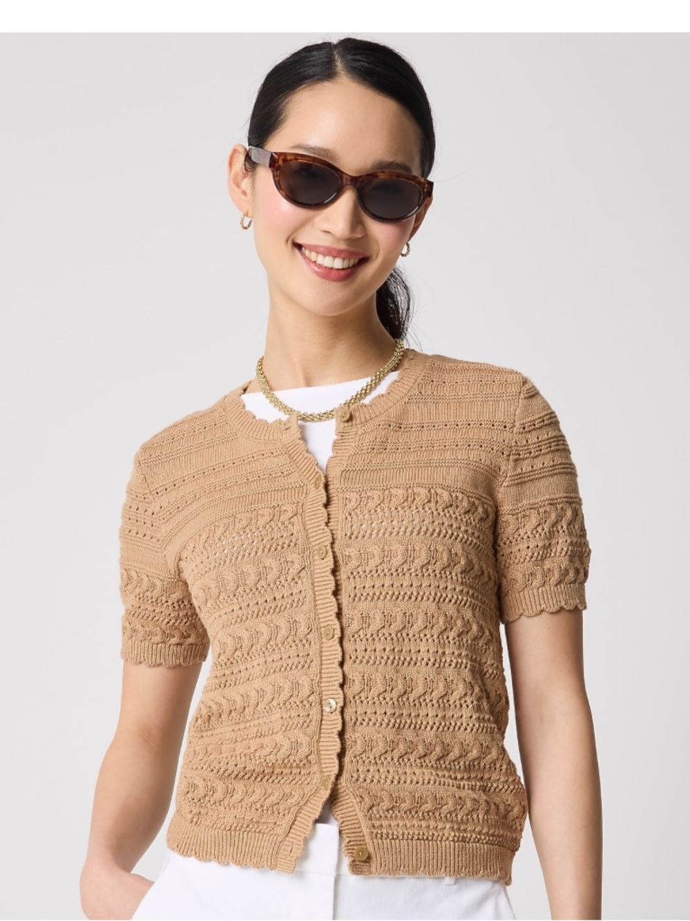J. Crew Factory  Beige pointelle Short Sleeve Cardigan Sweater Small NWOT
